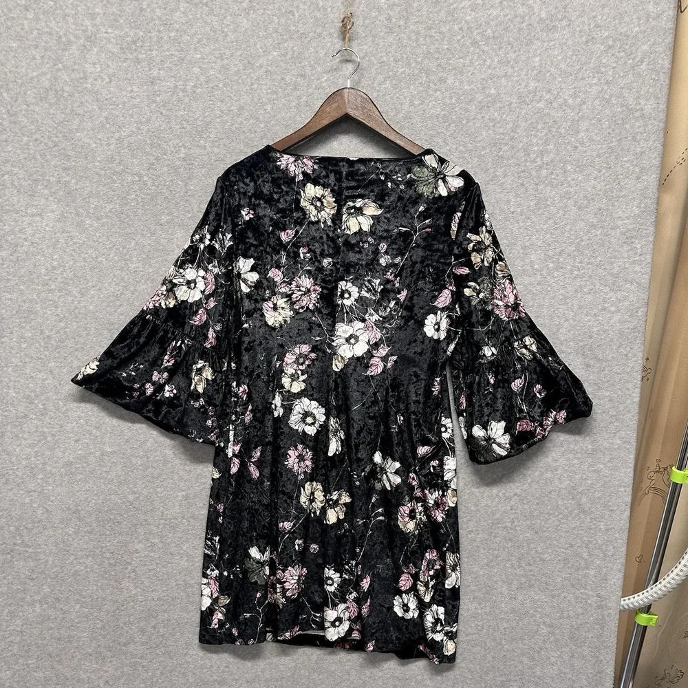 Chicos Dress Women 12/14 Black Floral Whimsigoth Fairy Grunge Witchy Bell Sleeve